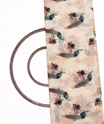 Off White Colour Peacock Digital Printed Pure Muslin Fabric